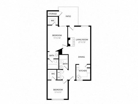 Floor plan for 2 beds, 2 baths, 943 sqft